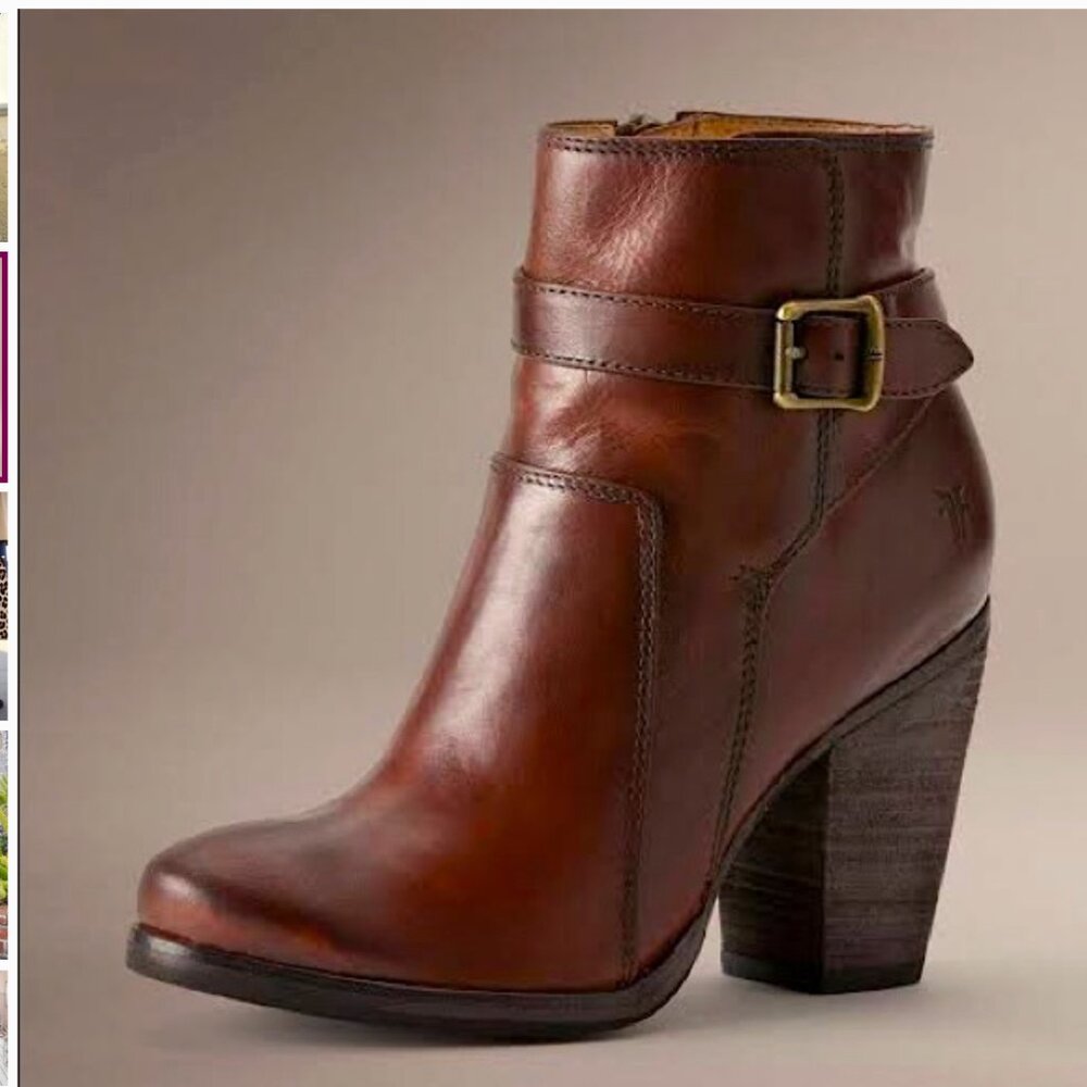 Frye Pattie Cognac Leather Belt Cute Ankle Booties. Size 6